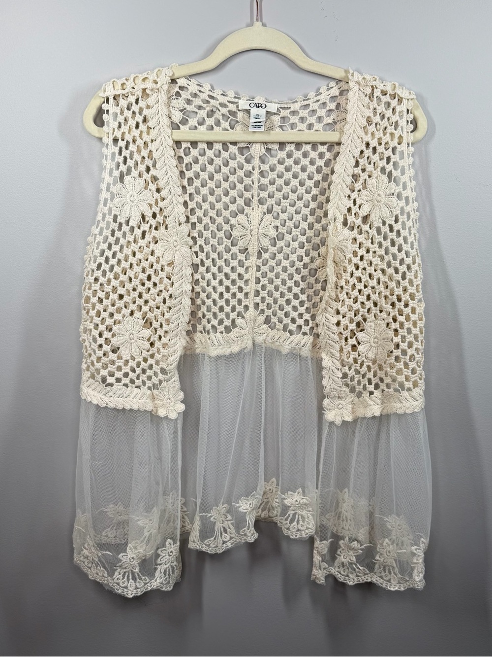 Cato Ivory Crochet Lace Sheer Mesh Paneled Boho Vest | Women’s XL Hippie Cowgirl